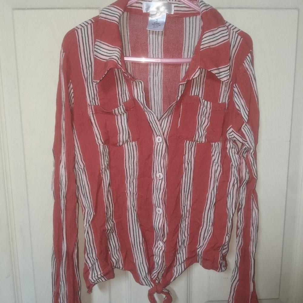 White Farm Brick red striped button up with tie top size S